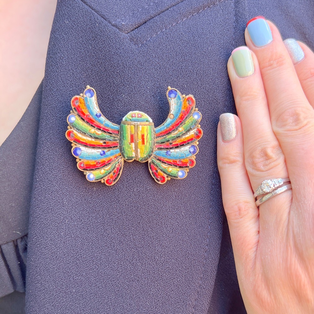 Antique Egyptian Revival Micro Mosaic Winged Scarab Brooch